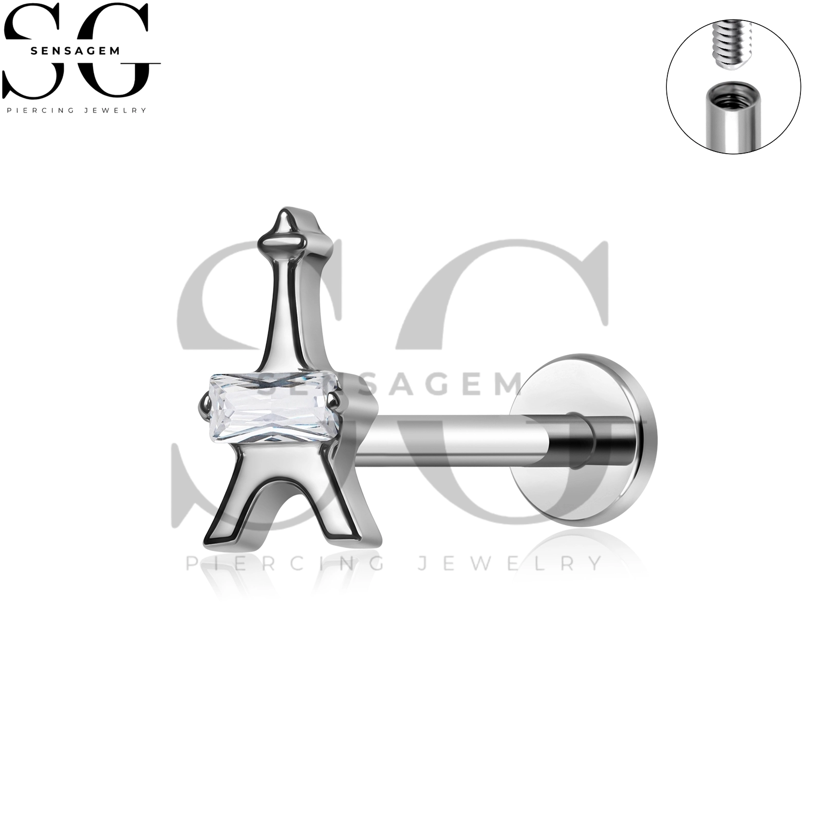 SG4470 Eiffelturm G23 Titan-Labret-Lippenstecker mit Innengewinde und Baguette CZ – Bild 3