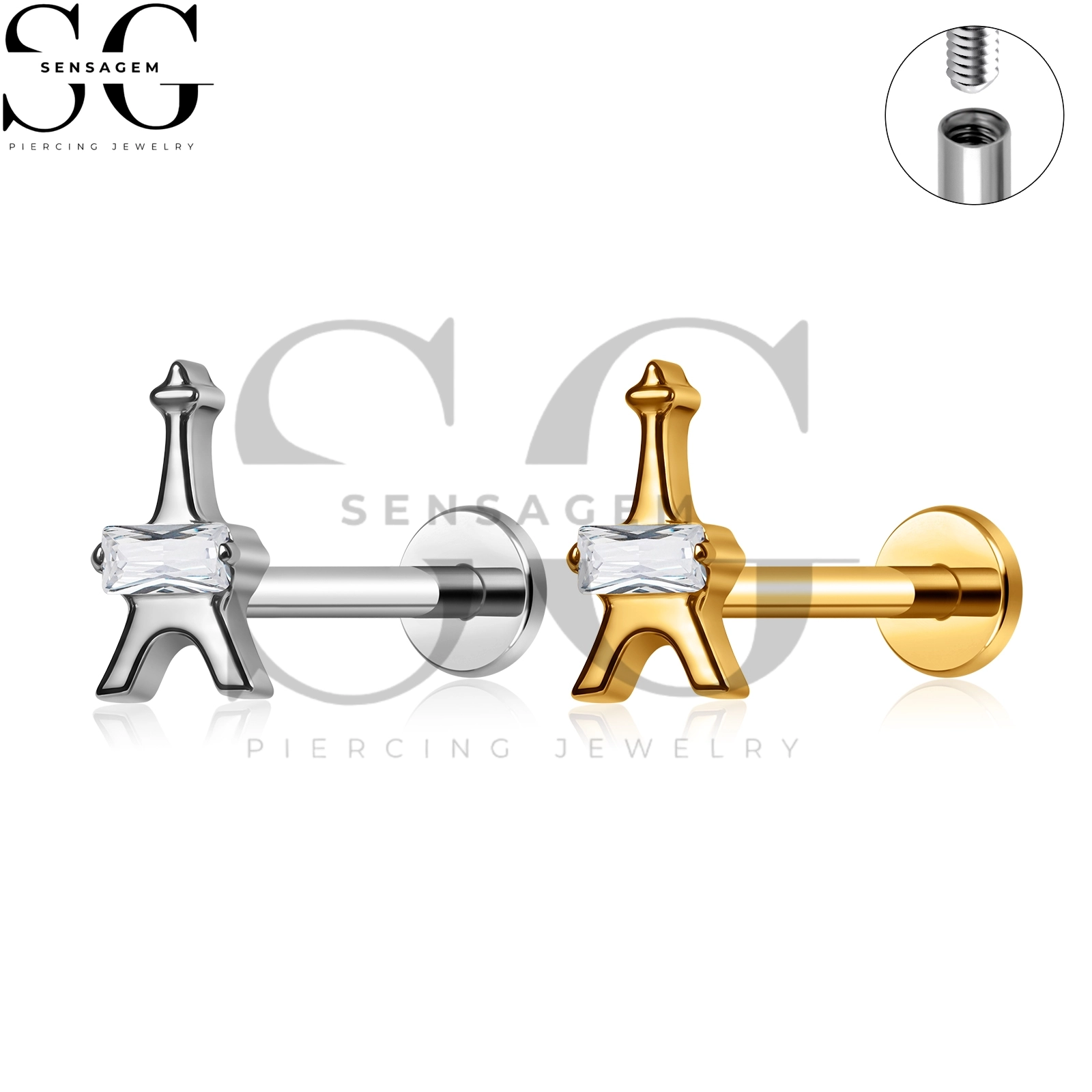 SG4470 Eiffelturm G23 Titan-Labret-Lippenstecker mit Innengewinde und Baguette CZ