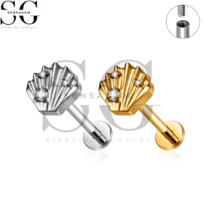SG4471 G23 Titan-Bolzen mit Innengewinde und flacher Rückseite und eingelegter Muschelschale mit CZ für die Lippe & Knorpelpiercing