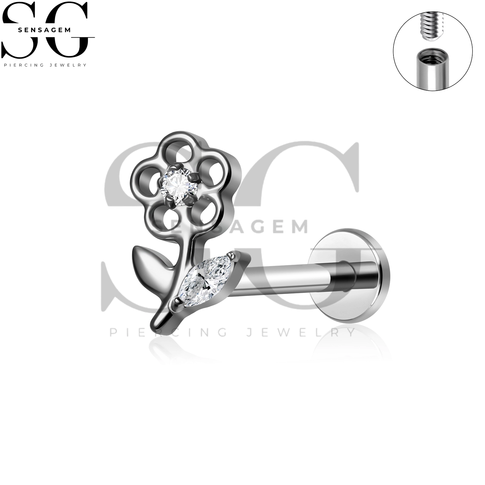 SG4475 G23 Titan-Bolzen mit Innengewinde und flacher Rückseite und Blumenblatt & Klare CZ für Lippe & Ohrlochstechen – Bild 2