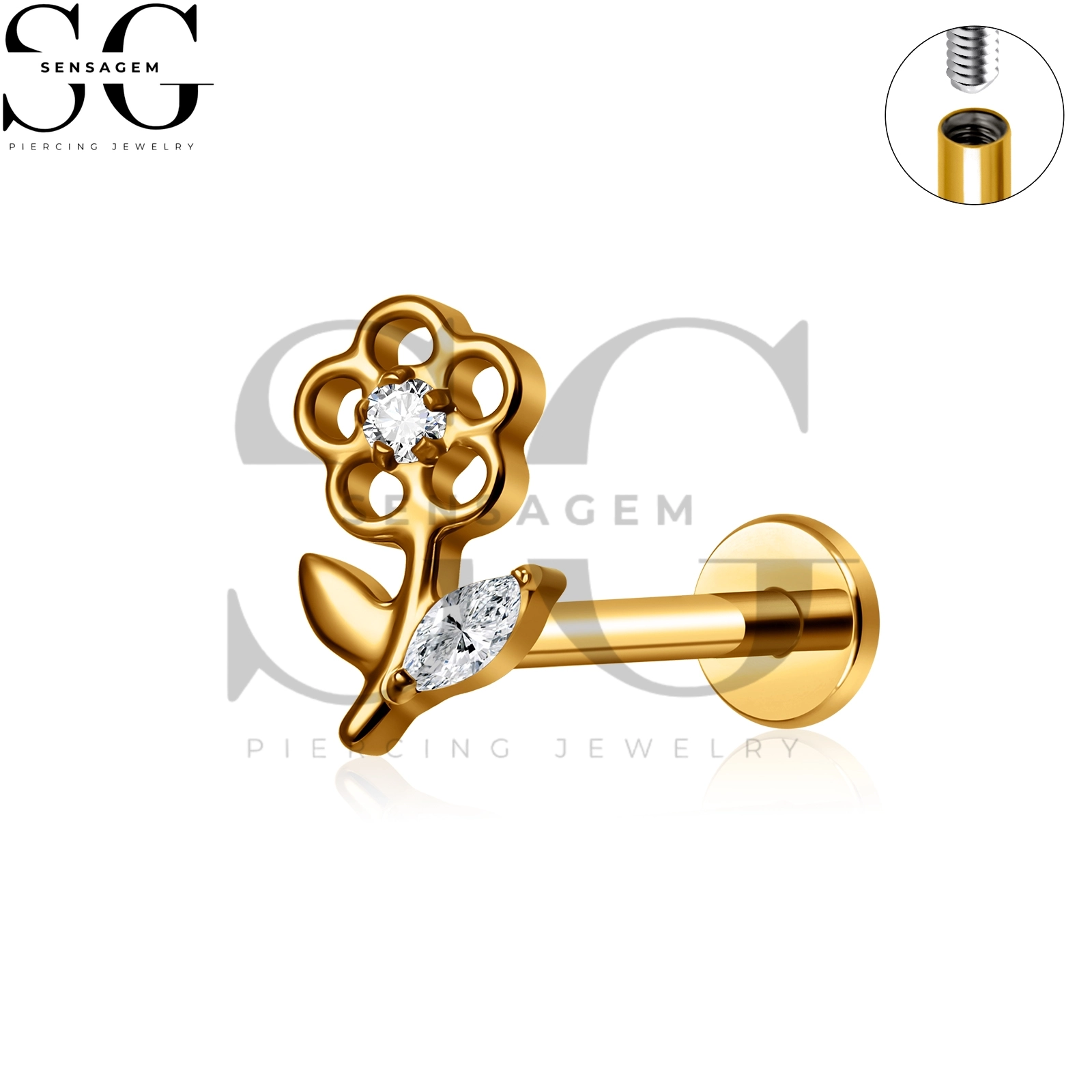 SG4475 G23 Titan-Bolzen mit Innengewinde und flacher Rückseite und Blumenblatt & Klare CZ für Lippe & Ohrlochstechen – Bild 3