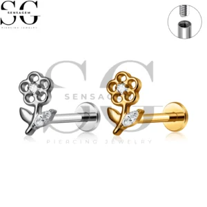 SG4475 G23 Titan-Bolzen mit Innengewinde und flacher Rückseite und Blumenblatt & Klare CZ für Lippe & Ohrlochstechen