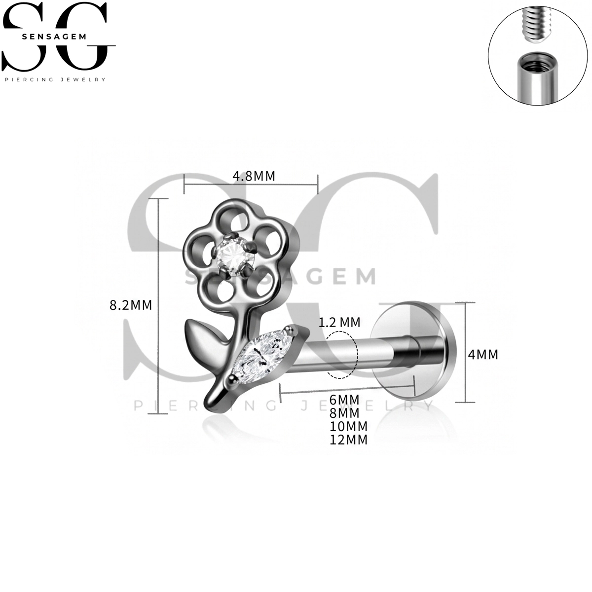 SG4475 G23 Titan-Bolzen mit Innengewinde und flacher Rückseite und Blumenblatt & Klare CZ für Lippe & Ohrlochstechen – Bild 4
