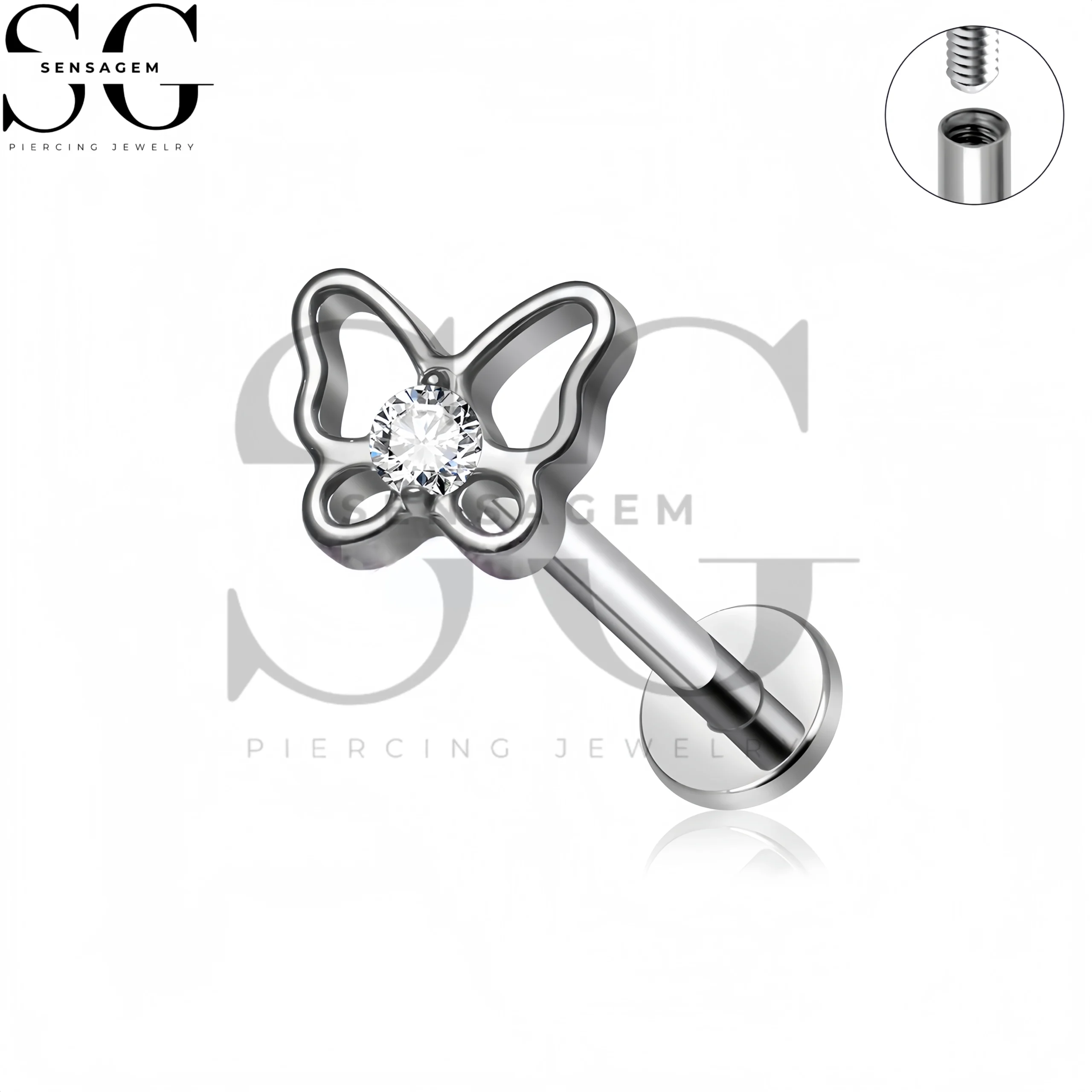 SG4477 G23 Titan-Bolzen mit Innengewinde und flacher Rückseite und hohlem Schmetterling & CZ für Lippe & Ohrlochstechen – Bild 2