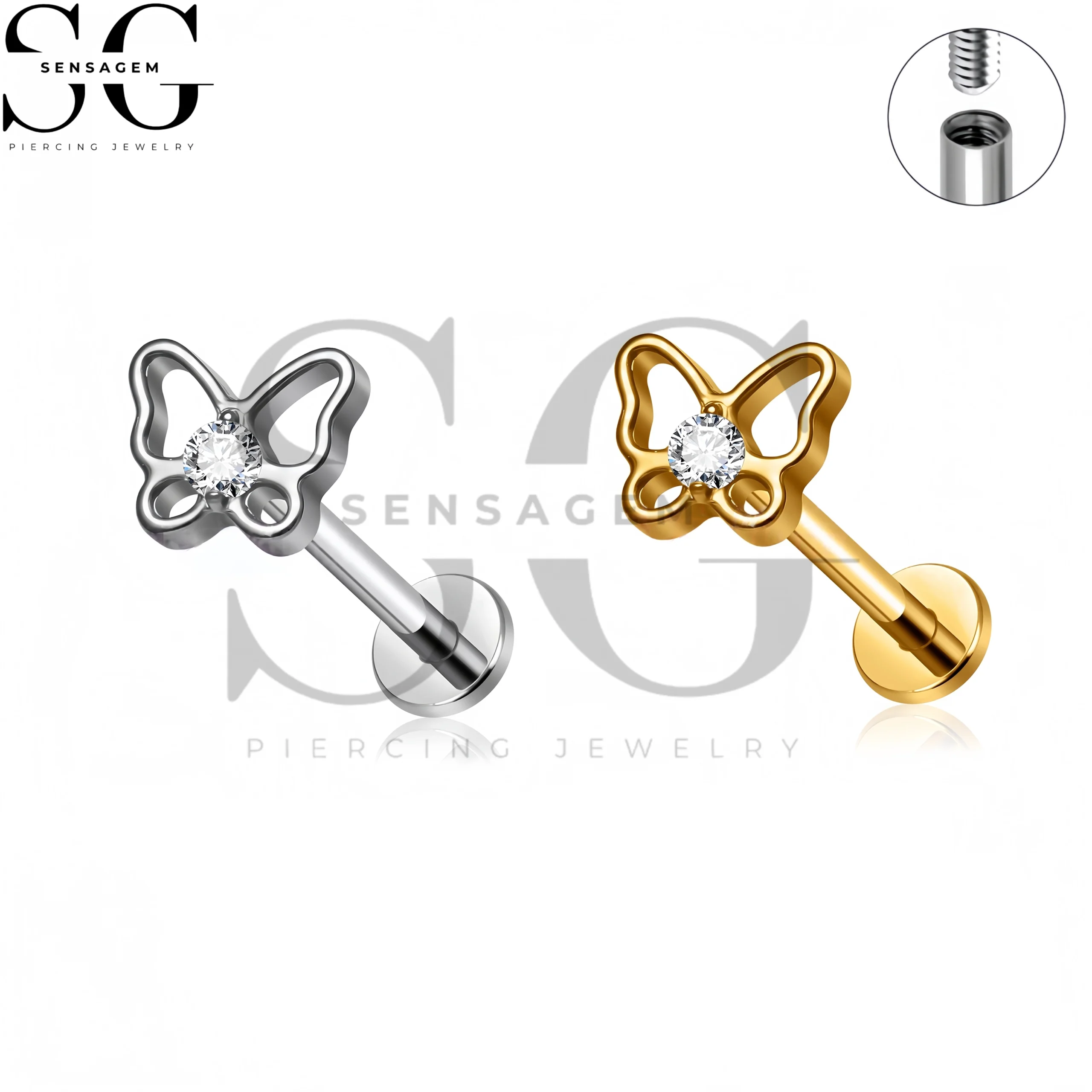 SG4477 G23 Titan-Bolzen mit Innengewinde und flacher Rückseite und hohlem Schmetterling & CZ für Lippe & Ohrlochstechen