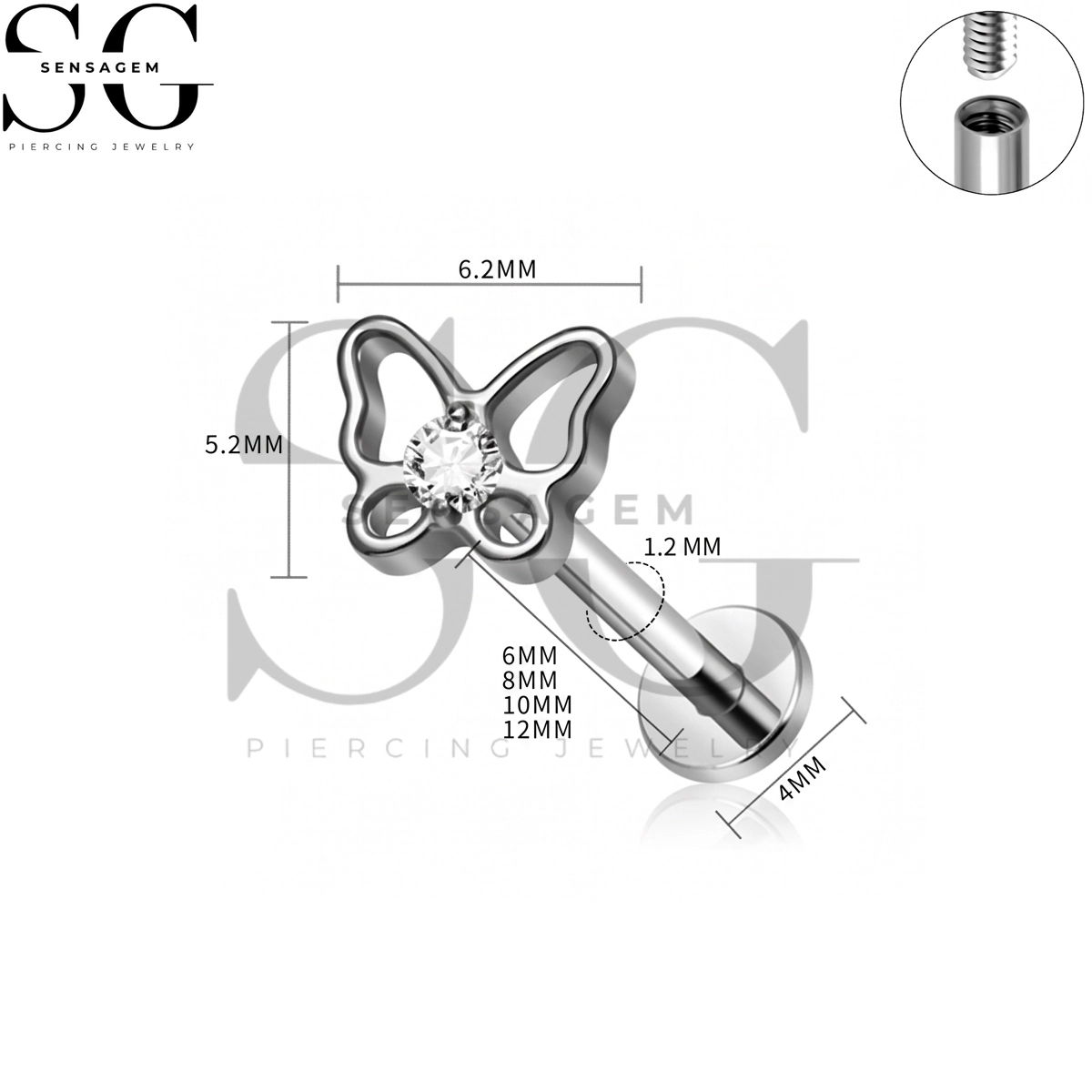 SG4477 G23 Titan-Bolzen mit Innengewinde und flacher Rückseite und hohlem Schmetterling & CZ für Lippe & Ohrlochstechen – Bild 4