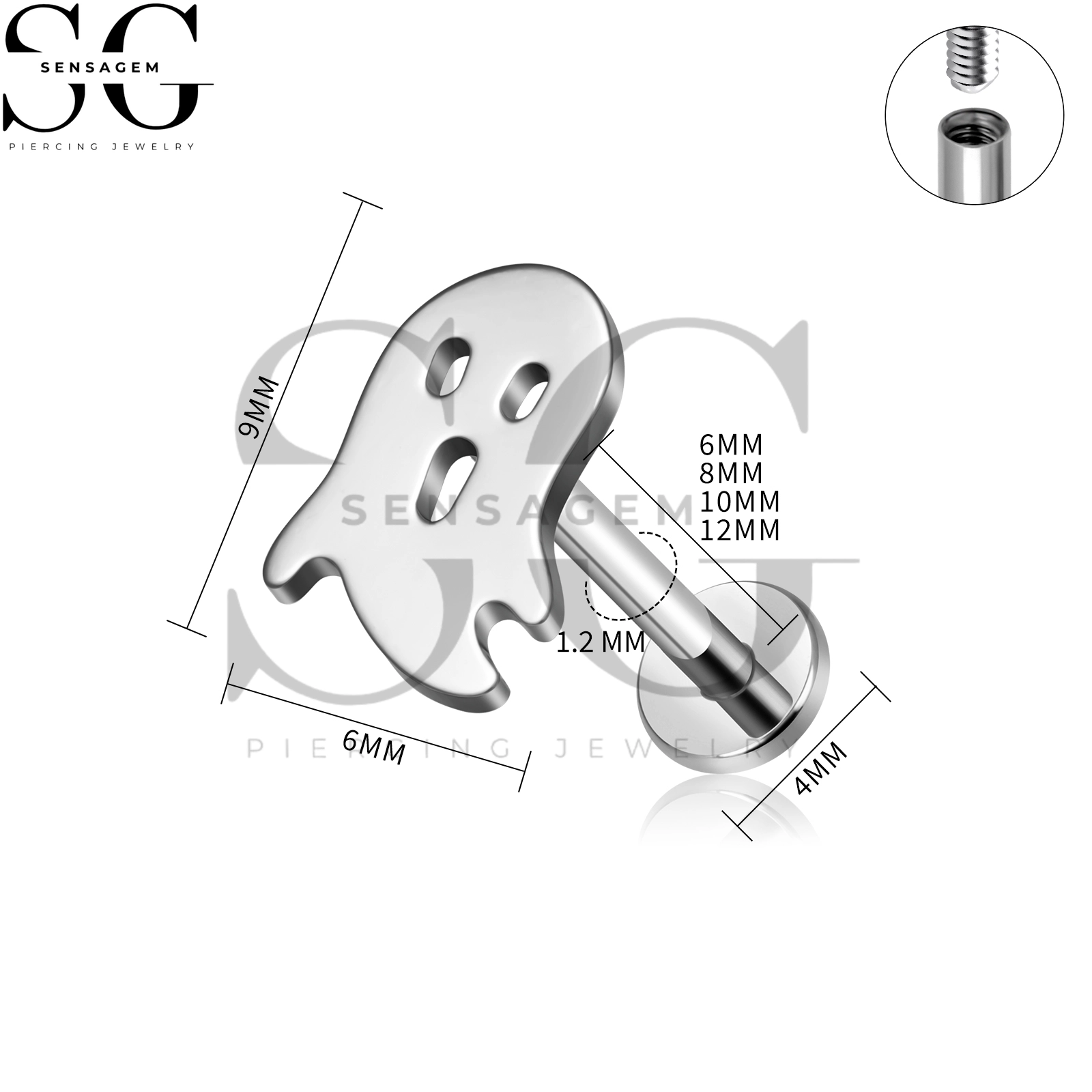 SG4478 G23 Titan-Ohrstecker mit flachem Innengewinde und gruseligem, niedlichem Geist für die Lippe & Ohrlochstechen – Bild 3