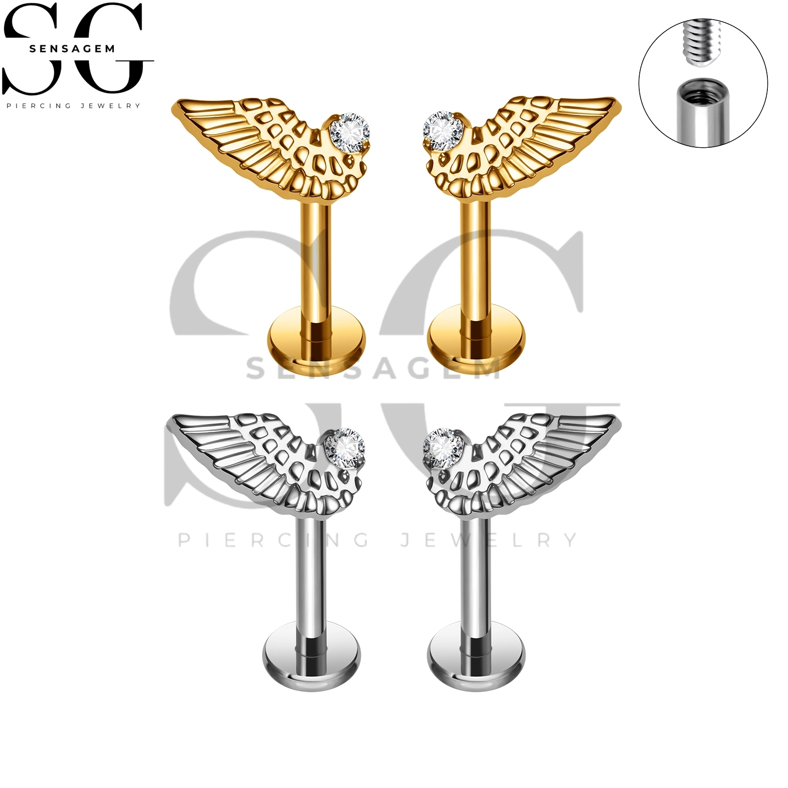 SG4481 G23 Titan-Bolzen mit Innengewinde und flacher Rückseite und gefiedertem Engelsflügel & CZ für Lippe & Ohrlochstechen