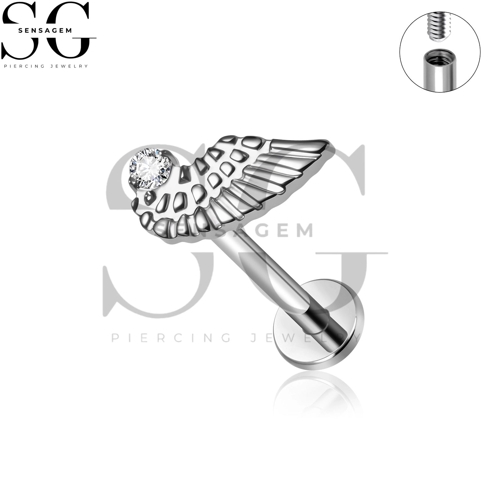 SG4481 G23 Titan-Bolzen mit Innengewinde und flacher Rückseite und gefiedertem Engelsflügel & CZ für Lippe & Ohrlochstechen – Bild 2