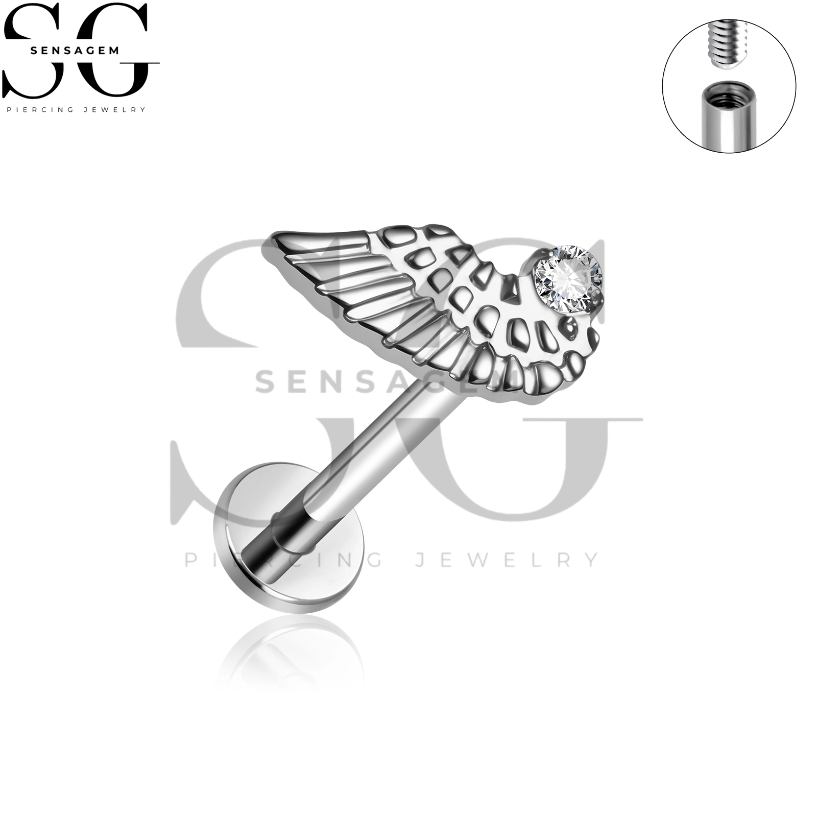 SG4481 G23 Titan-Bolzen mit Innengewinde und flacher Rückseite und gefiedertem Engelsflügel & CZ für Lippe & Ohrlochstechen – Bild 3