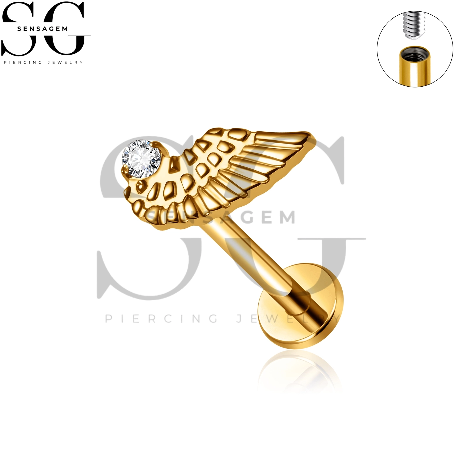 SG4481 G23 Titan-Bolzen mit Innengewinde und flacher Rückseite und gefiedertem Engelsflügel & CZ für Lippe & Ohrlochstechen – Bild 4