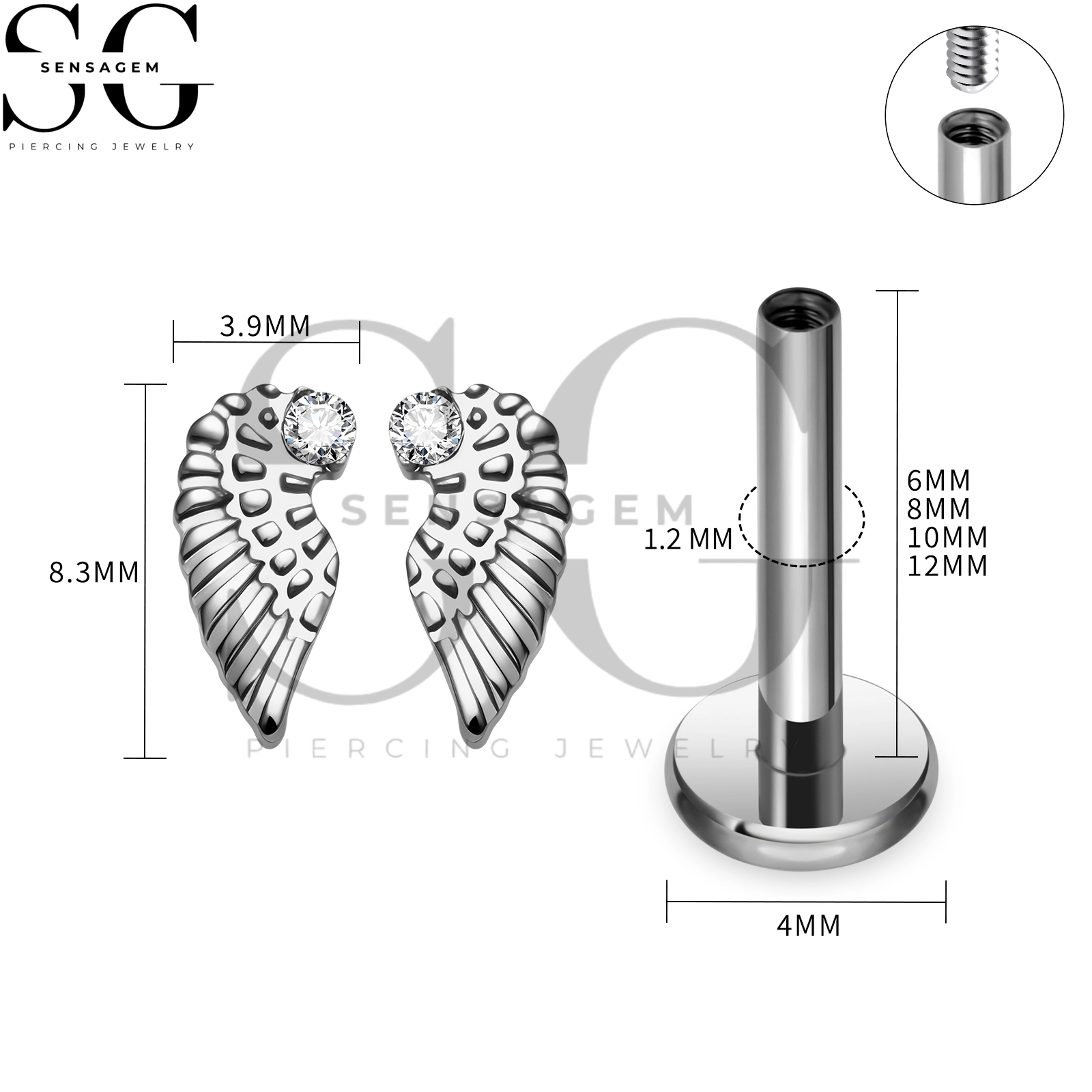SG4481 G23 Titan-Bolzen mit Innengewinde und flacher Rückseite und gefiedertem Engelsflügel & CZ für Lippe & Ohrlochstechen – Bild 6