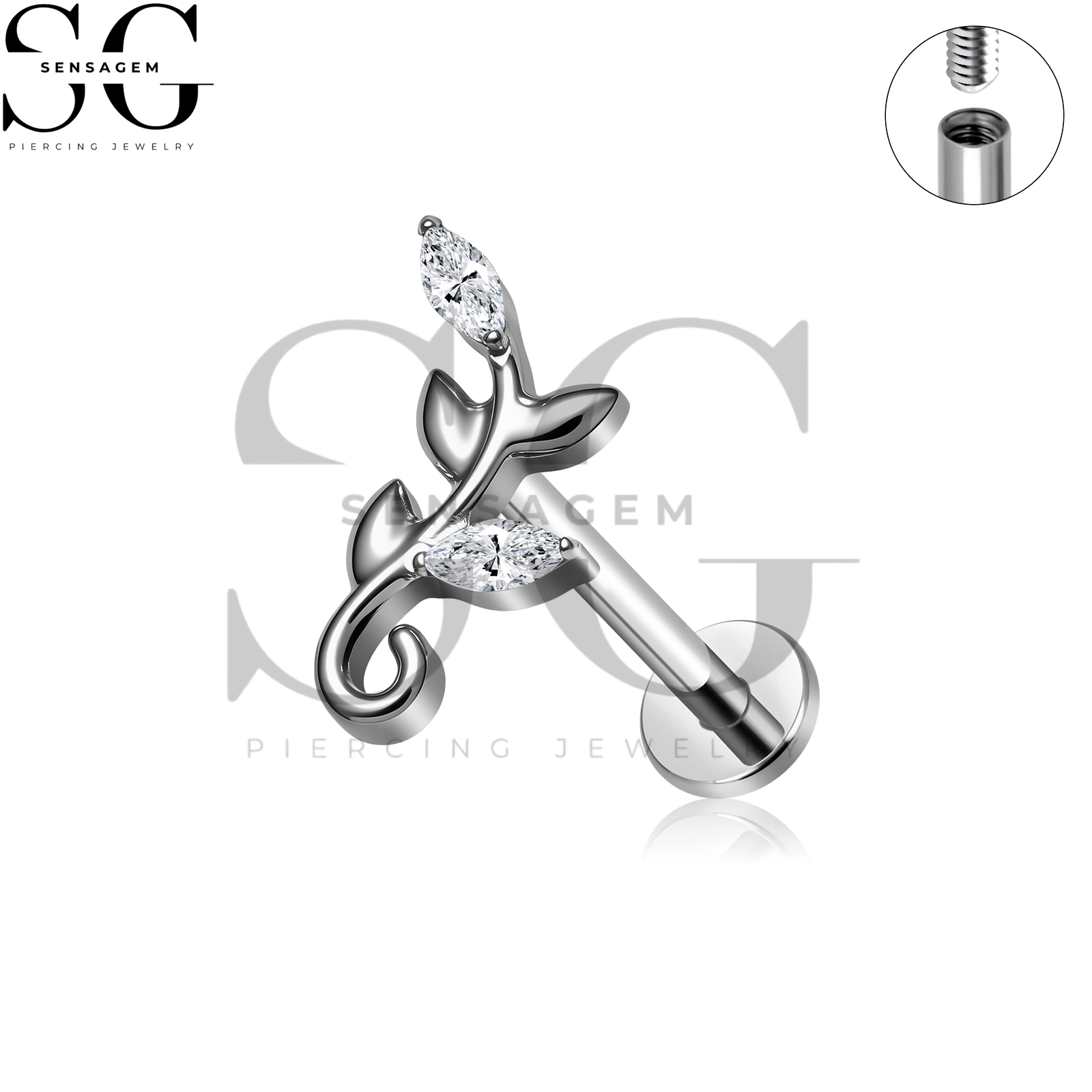 SG4484 G23 Titanium Leaf Vine Flat Back Lip Ring Marquise CZ Branch Labret Stud - immagine 3