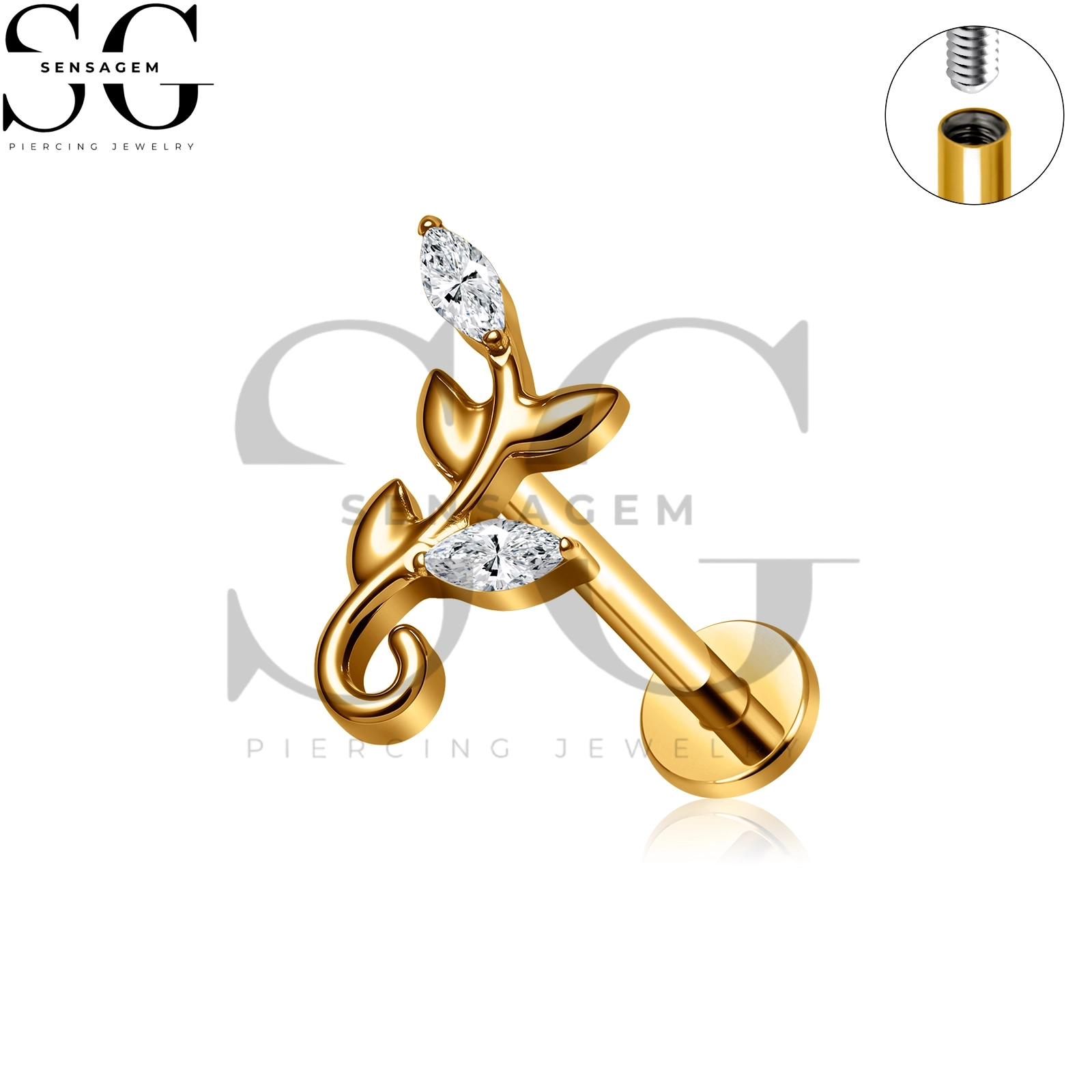 SG4484 G23 Titanium Leaf Vine Flat Back Lip Ring Marquise CZ Branch Labret Stud - immagine 2