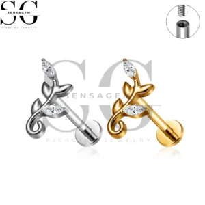 SG4484 G23 Anillo de labio con parte posterior plana de vid de hoja de titanio Marquesa CZ Rama Labret Stud