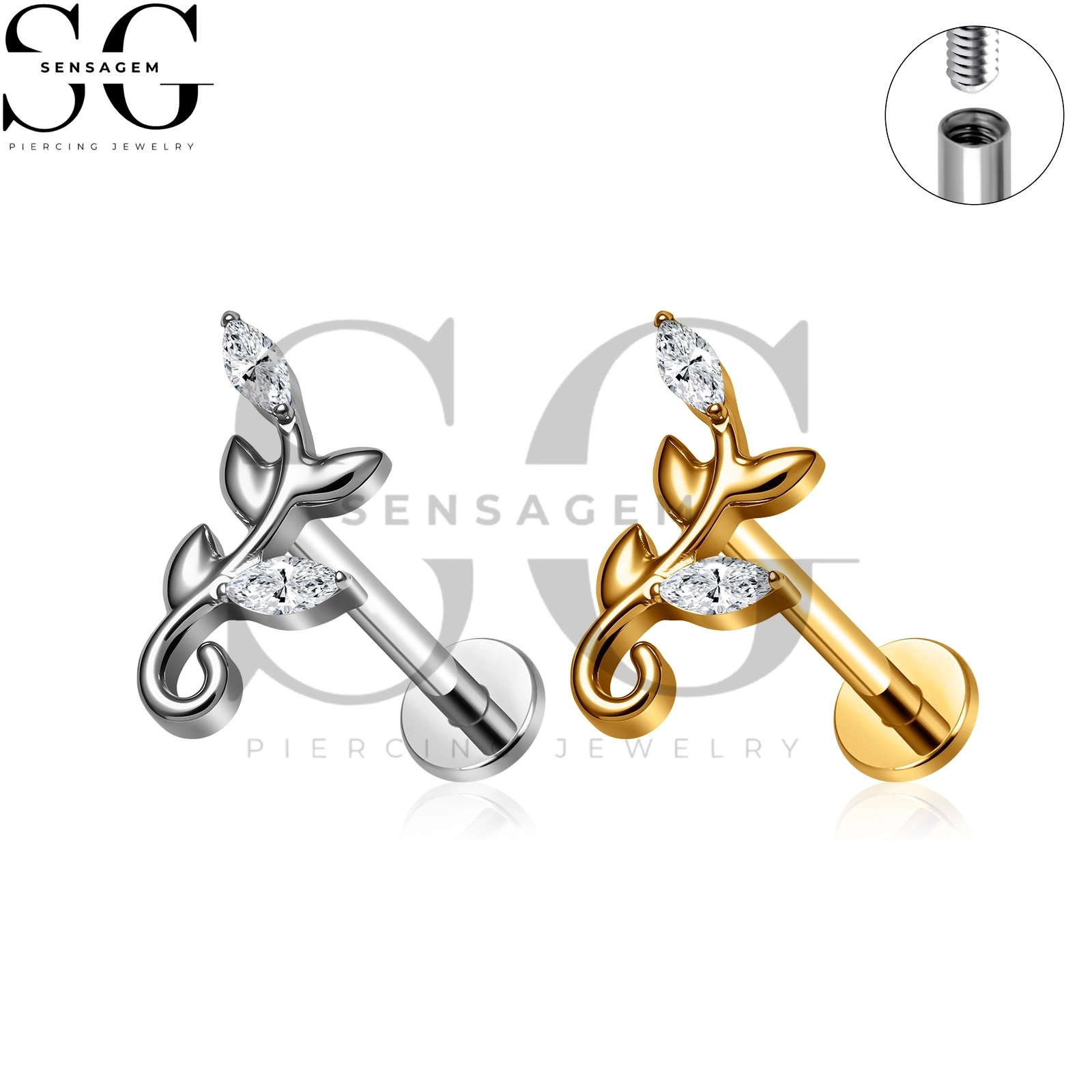 SG4484 G23 Titanium Leaf Vine Flat Back Lip Ring Marquise CZ Branch Labret Stud