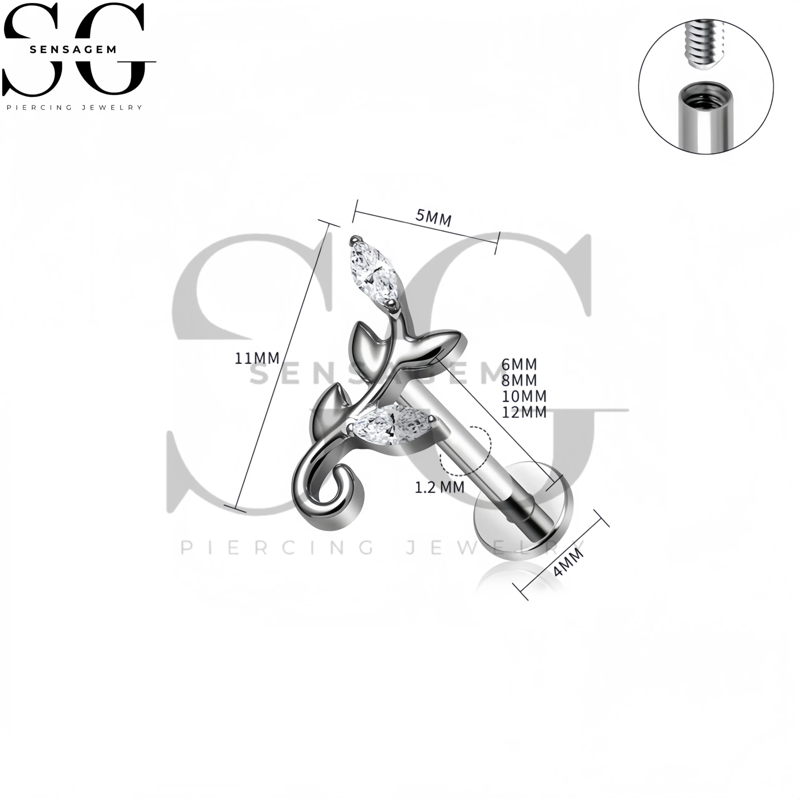 SG4484 G23 Titanium Leaf Vine Flat Back Lip Ring Marquise CZ Branch Labret Stud - immagine 4