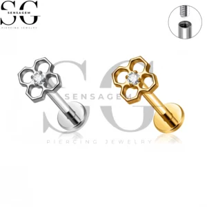 SG4487 G23 Anillo de labio con parte posterior plana en forma de panal de titanio con flor hexagonal CZ Labret Stud