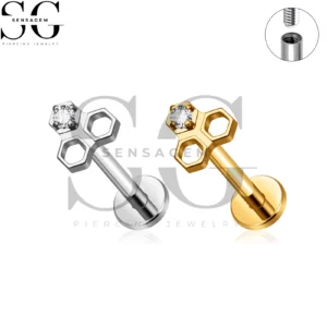 SG4488 G23 Anillo de labio con parte posterior plana en forma de panal de titanio con triple hexágono CZ Labret Stud
