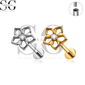 SG4489 G23 Anillo de labio con parte posterior plana y flor hueca de titanio, perno prisionero geométrico de 5 pétalos con circonita cúbica