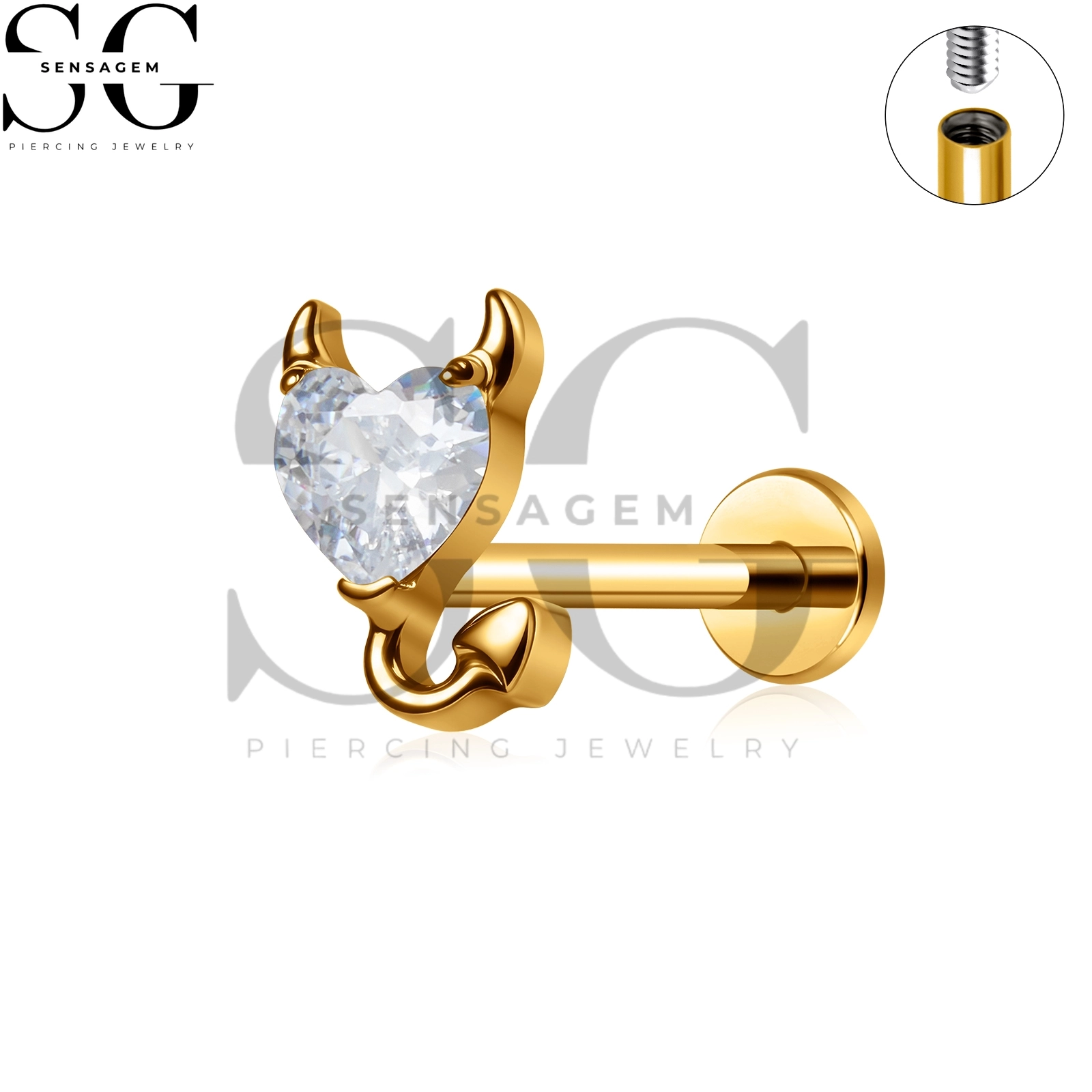 SG4492 G23 Titanium Devil Heart Flat Back Lip Ring Heart CZ Horns Tail Labret Stud - immagine 2