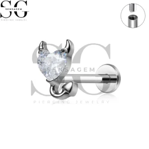 SG4492 G23 Anillo de labio con parte posterior plana de corazón de diablo de titanio, pendiente de labio con cola de cuernos de circonia cúbica
