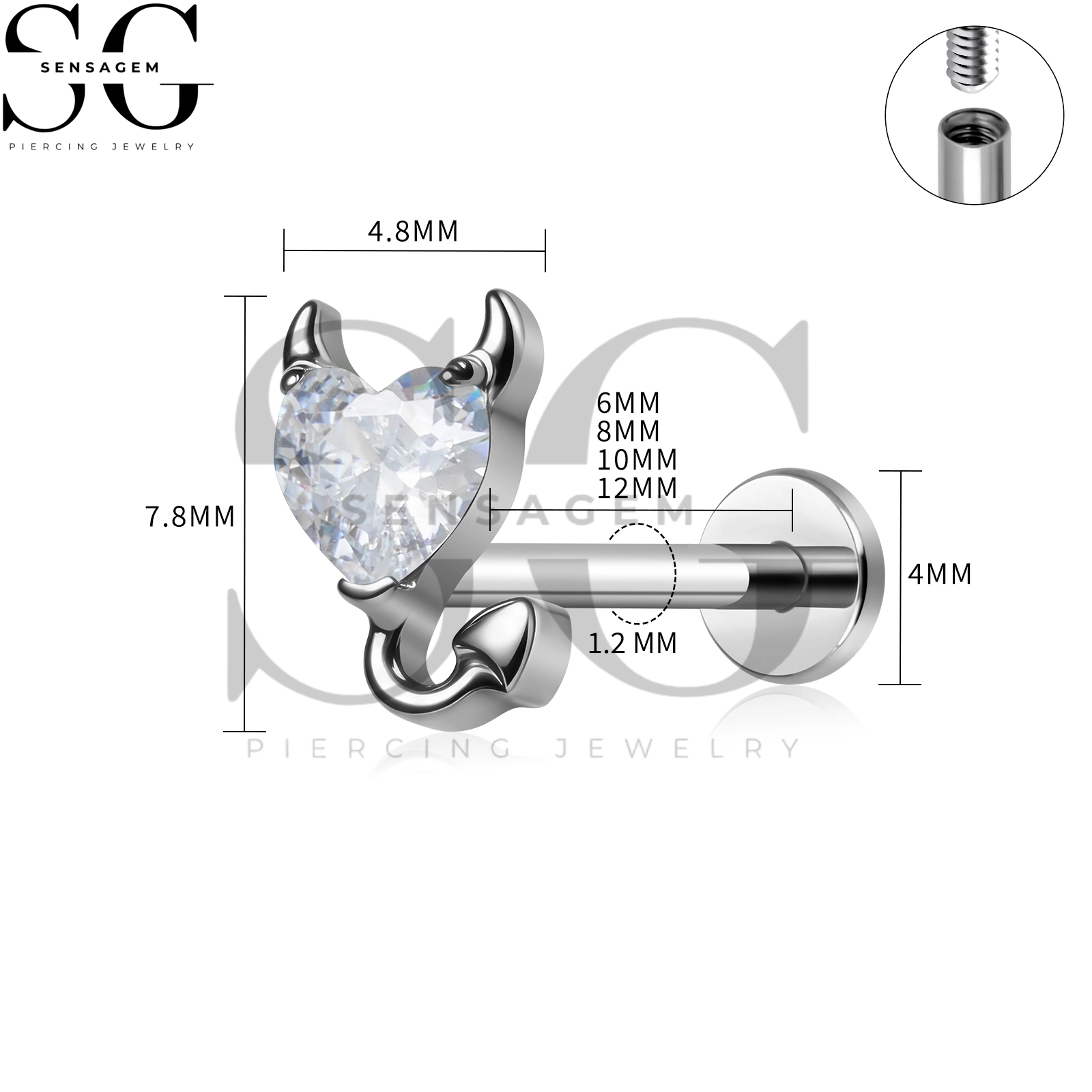 SG4492 G23 Titanium Devil Heart Flat Back Lip Ring Heart CZ Horns Tail Labret Stud - immagine 3