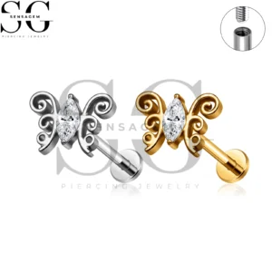 SG4493 G23 Anillo de labio con parte posterior plana de mariposa de titanio Marquesa CZ Filigrana Labret Stud