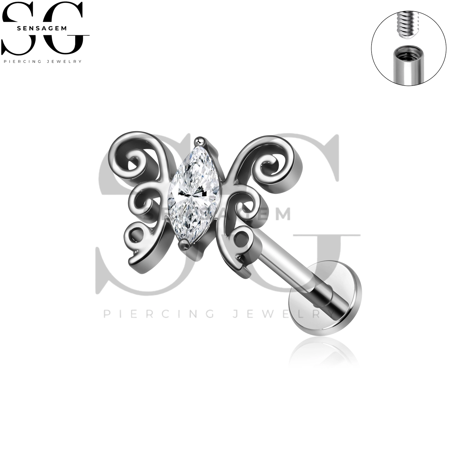 SG4493 G23 Titanium Butterfly Flat Back Lip Ring Marquise CZ Filigree Labret Stud - immagine 2