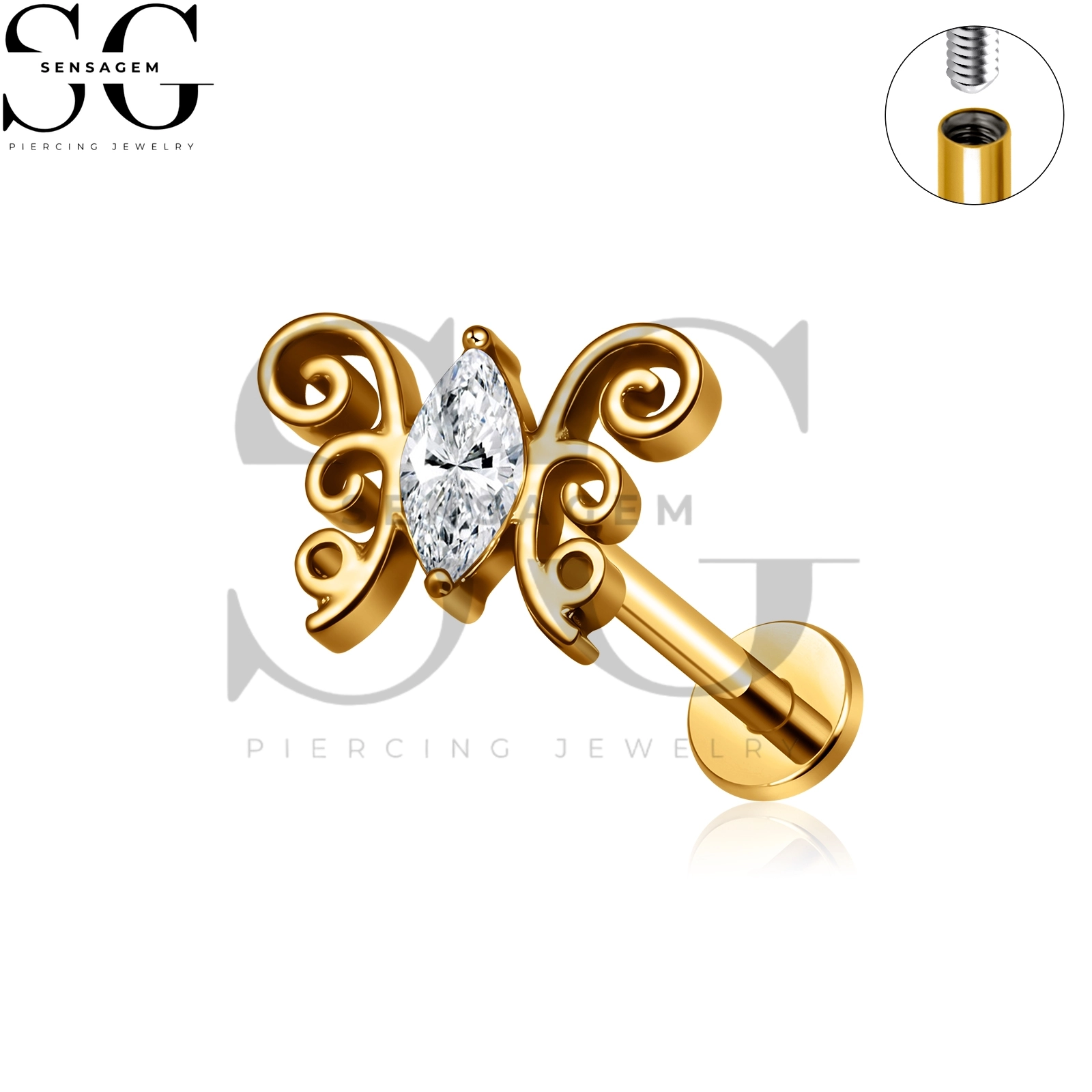 SG4493 G23 Titanium Butterfly Flat Back Lip Ring Marquise CZ Filigree Labret Stud - immagine 3
