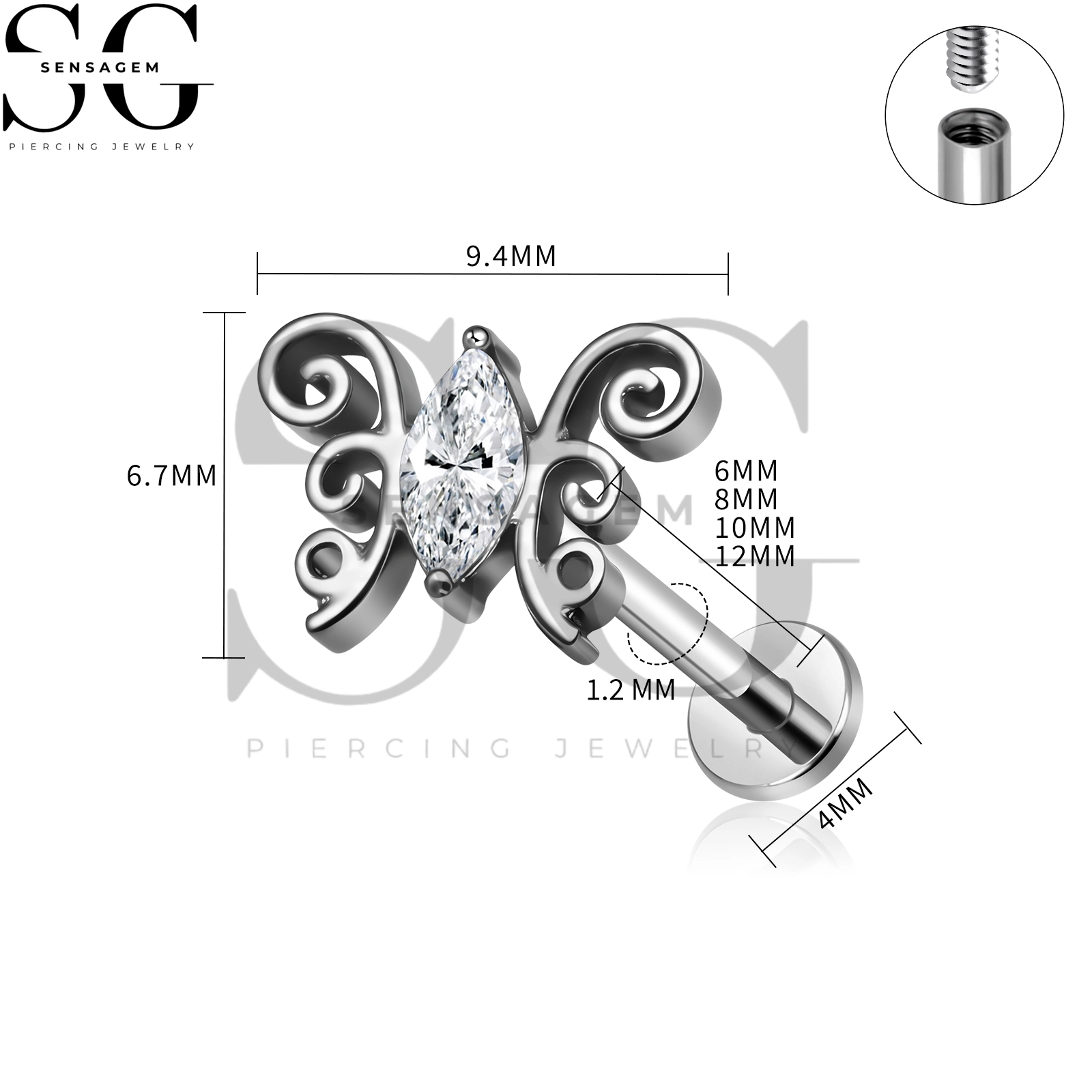 SG4493 G23 Titanium Butterfly Flat Back Lip Ring Marquise CZ Filigree Labret Stud - immagine 4