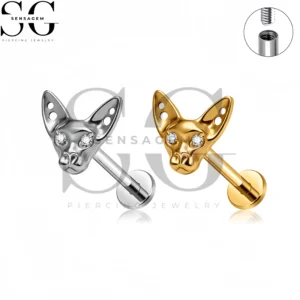 SG4496 G23 Anillo de labio con parte posterior plana de gato Sphynx de titanio, ojos de CZ, perno prisionero de Labret de gato sin pelo gótico