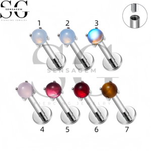 SG4497 G23 Juego de puntas de anillo de labio con parte posterior plana y piedras preciosas de titanio Perno de labret de cabujón redondo