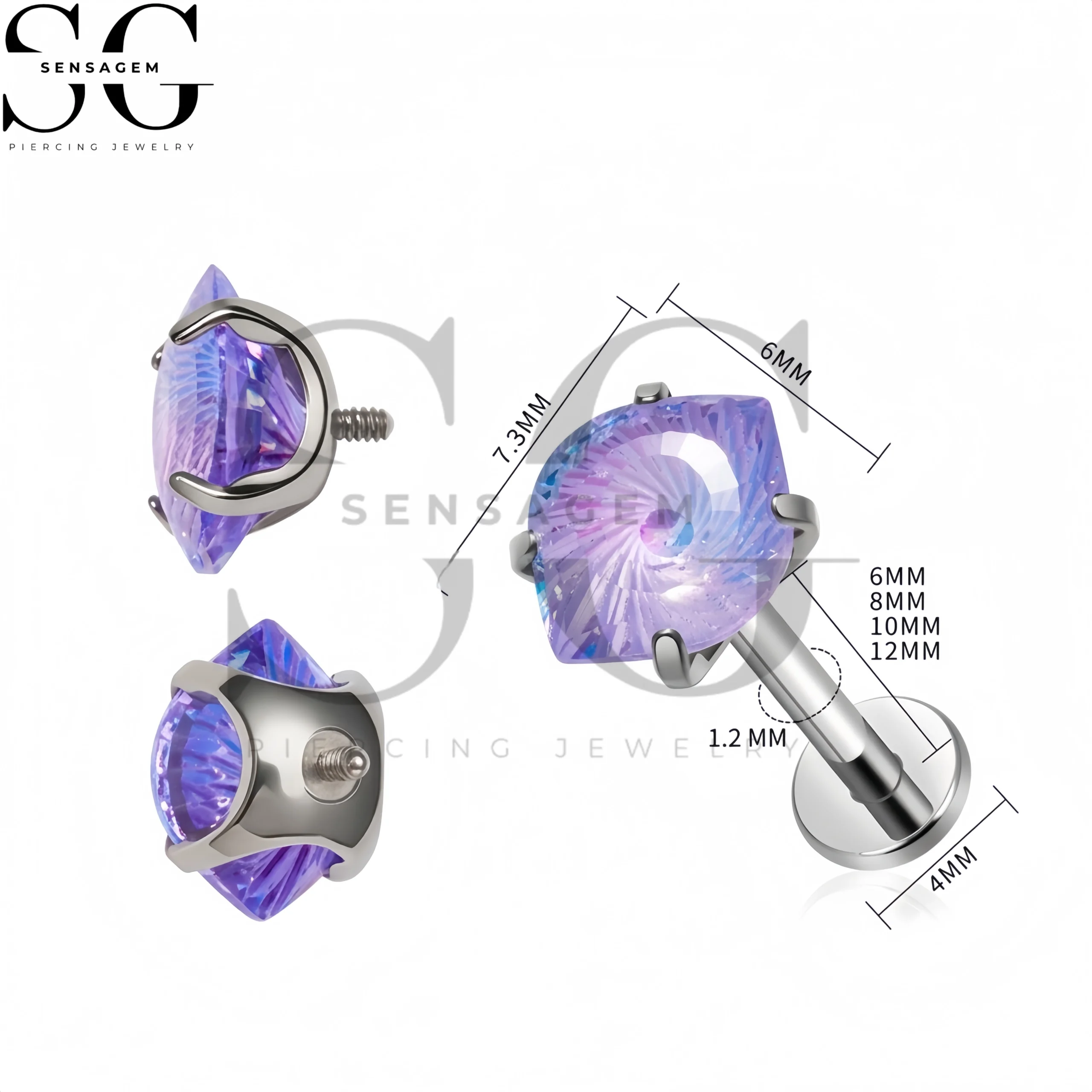 SG4498 G23 Titanium Flat Back Lip Ring Marquise Sunburst Crystal Labret Stud - immagine 5