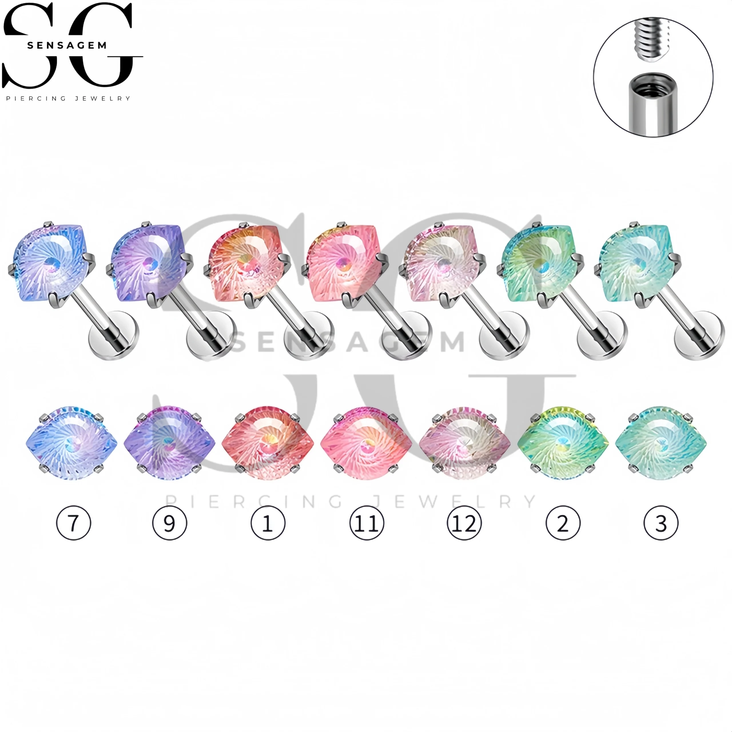 SG4498 G23 Titanium Flat Back Lip Ring Marquise Sunburst Crystal Labret Stud