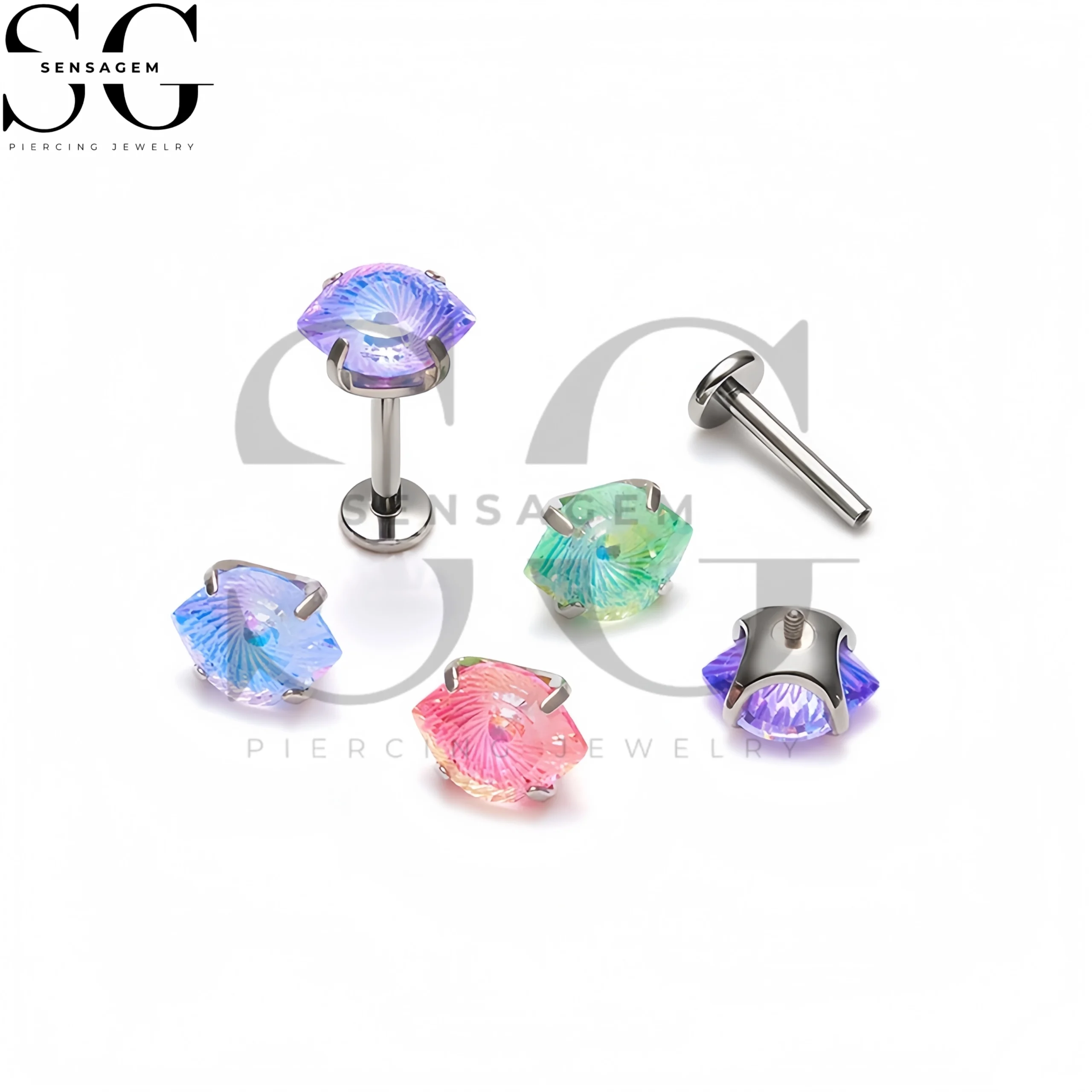 SG4498 G23 Titanium Flat Back Lip Ring Marquise Sunburst Crystal Labret Stud - immagine 2