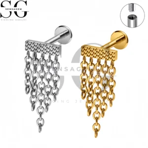 SG4503 G23 Anillo de labio con parte posterior plana de titanio, barra martillada, cadena colgante, perno prisionero para Labret