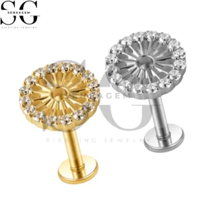 SGYS1345 G23 Anillo de labio con parte posterior plana de titanio Sunburst Pavé CZ Halo Labret Stud