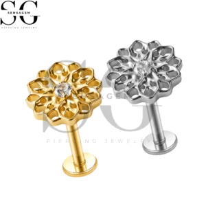 SGYS1348 G23 Anillo de labio con parte posterior plana de titanio con filigrana y flor de mandala CZ Labret Stud