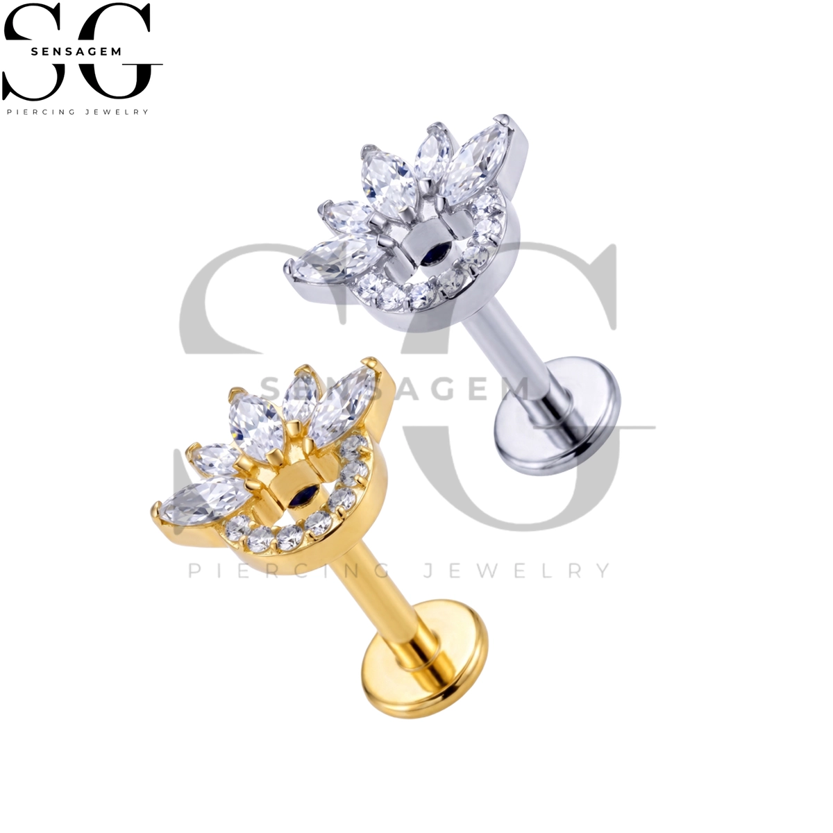 SGYS1352 G23 Titan-Lippenring mit flacher Rückseite, Marquise CZ, Lotuskrone, Labret-Ohrstecker