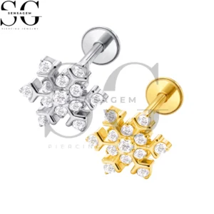 SGYS1358 G23 Titanium Flat Back Lip Ring Sparkling CZ Snowflake Labret Stud