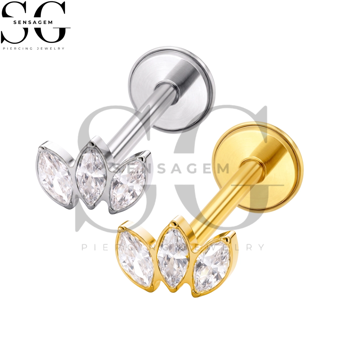SGYS1359 G23 Titanium Flat Back Lip Ring Triple Marquise CZ Lotus Fan Labret Stud