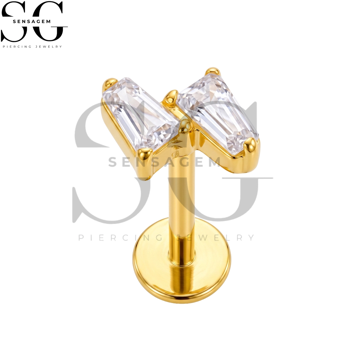 SGYS1360 ASTM F136 Titanium Flat Back Lip Ring Double Baguette CZ Labret Stud - Image 2