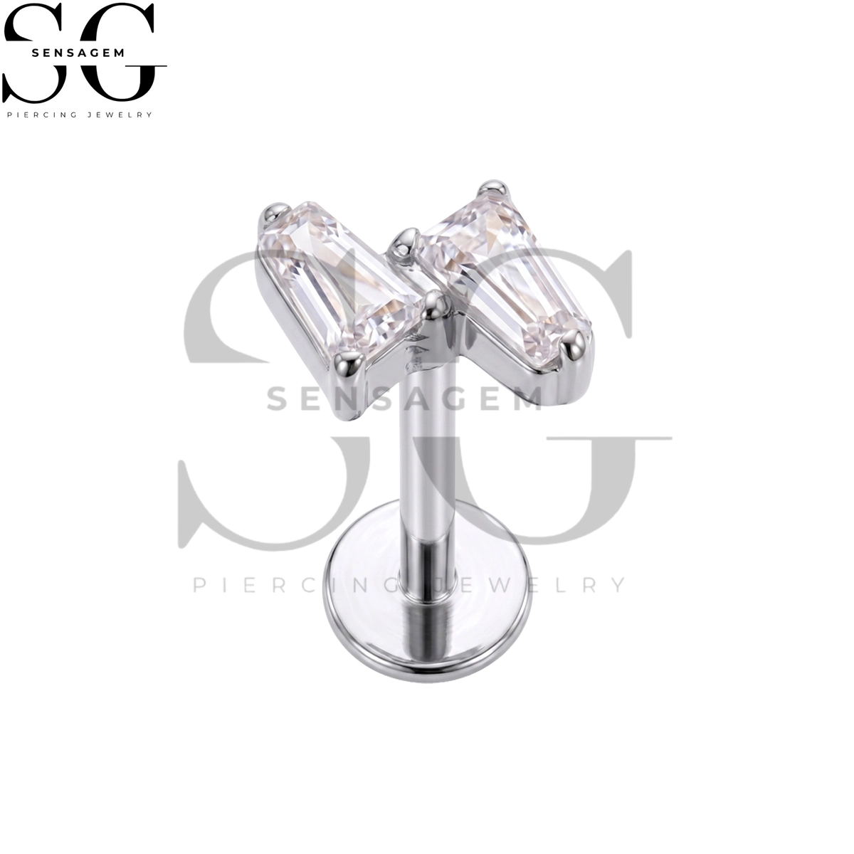SGYS1360 ASTM F136 Titanium Flat Back Lip Ring Double Baguette CZ Labret Stud - Image 3