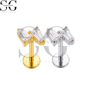 SGYS1360 ASTM F136 Titanium Flat Back Lip Ring Double Baguette CZ Labret Stud