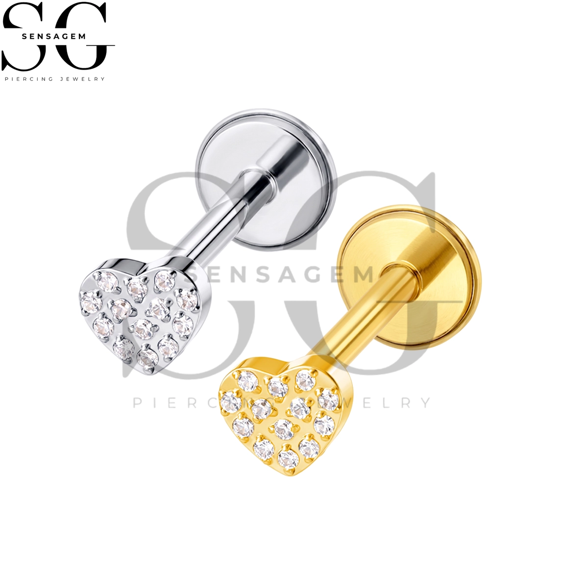 SGYS1361 ASTM F136 Titanium Flat Back Lip Ring Pavé CZ Heart Labret Stud