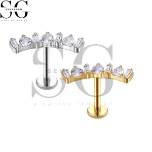 SGYS1364 ASTM F136 Titanium Flat Back Lip Ring Heart Baguette CZ Curved Labret Stud
