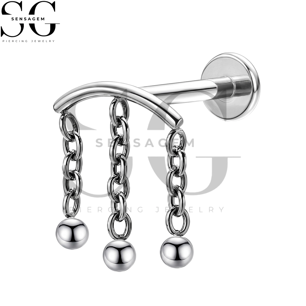 SGYS1365 ASTM F136 Titanium Flat Back Lip Ring Triple Chain Dangle Labret Stud - Imagen 3