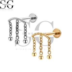 SGYS1365 ASTM F136 Titanium Flat Back Lip Ring Triple Chain Dangle Labret Stud