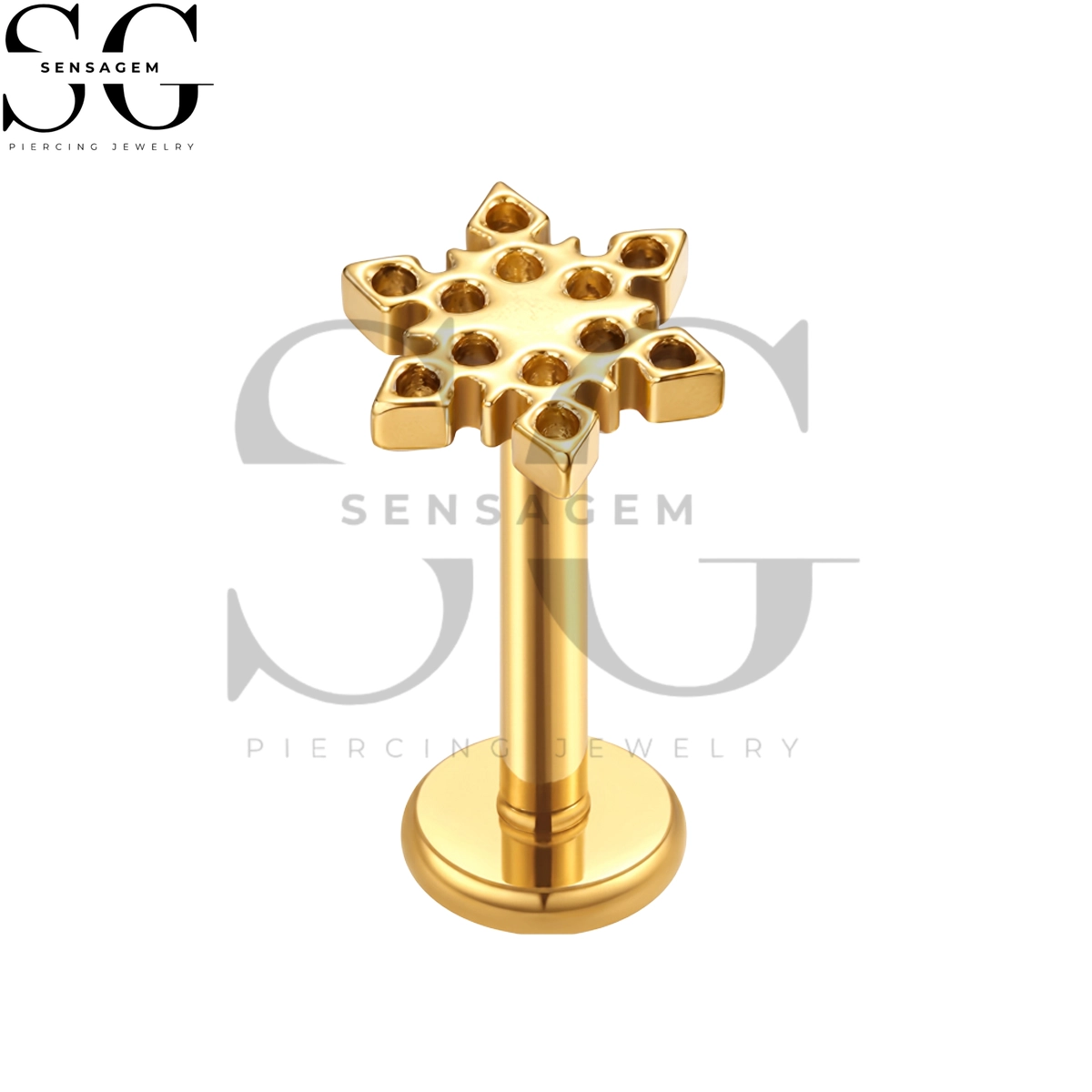 SGYS1368 ASTM F136 Titanium Flat Back Lip Ring Solid Gold Snowflake Labret Stud - Imagen 2